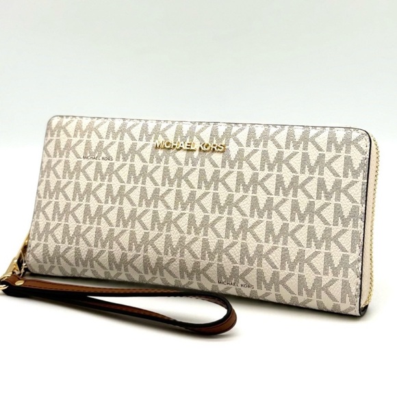 Michael Kors Large Travel Continental Wallet Wristlet Vanilla/Brown - Picture 1 of 8